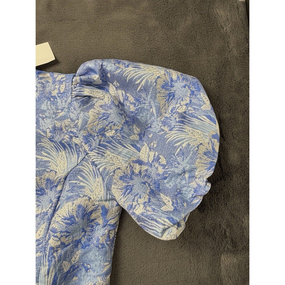 Lena Women’s M Blue Silver Floral Brocade Jacquard Puff Sleeve Mini Dress - Picture 10 of 12